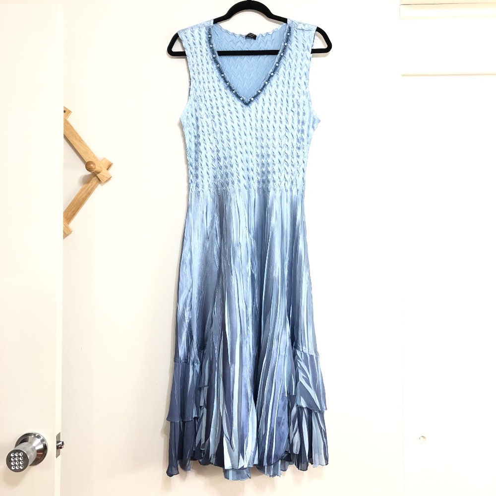 Komarov Beaded V-Neck Sleeveless Tier Ruffle Dress, Medium